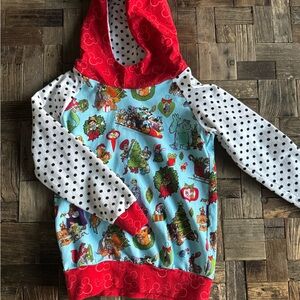 Colorful Holiday Disney Print Hoodie with Polka Dot Sleeves